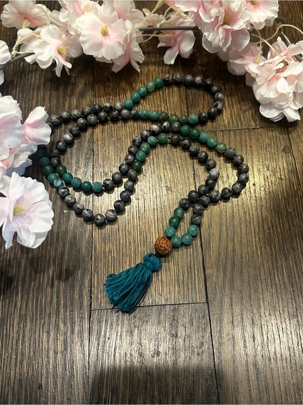 Moonstone and Crackled Green Agate 108 Bead Mala